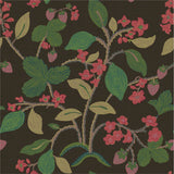 Lemon and strawberry wallpaper in green and pink motifs against a brown background