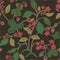 Lemon and strawberry wallpaper in green and pink motifs against a brown background