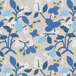 Lemon and strawberry wallpaper in blue and white motifs against a grey background
