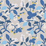 Lemon and strawberry wallpaper in blue and white motifs against a grey background