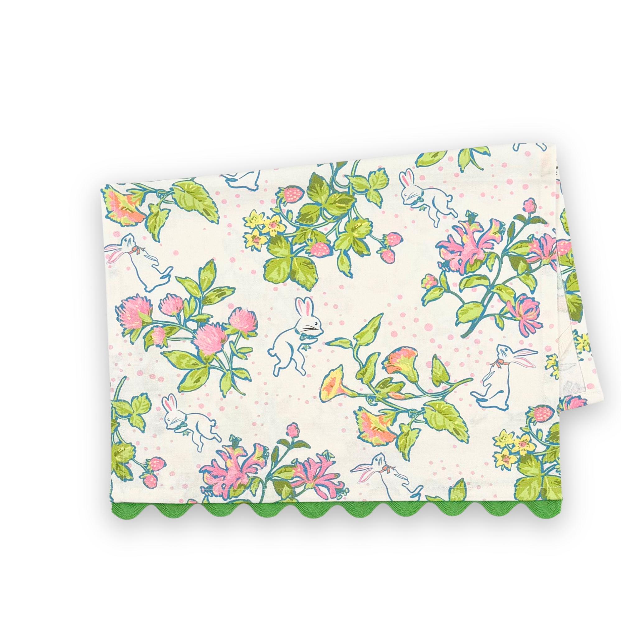 Folded Strawberry Spring Flowers cotton tea towel featuring colorful spring blossoms, playful white rabbits, green foliage, and green scalloped trim.