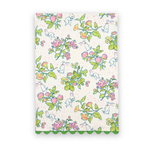 Strawberry Spring Flowers cotton tea towel featuring colorful spring blossoms, playful white rabbits, green foliage, and green scalloped trim.