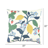 Strawberry Yellow Green Red Blue Floral outdoor pillow, 22 by 22 inches.