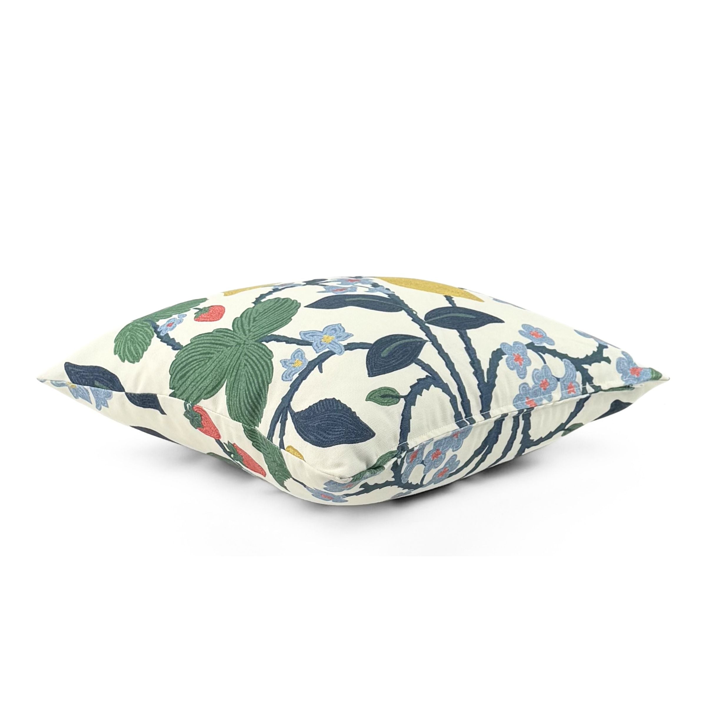 Side view of Strawberry Floral Square outdoor pillow.