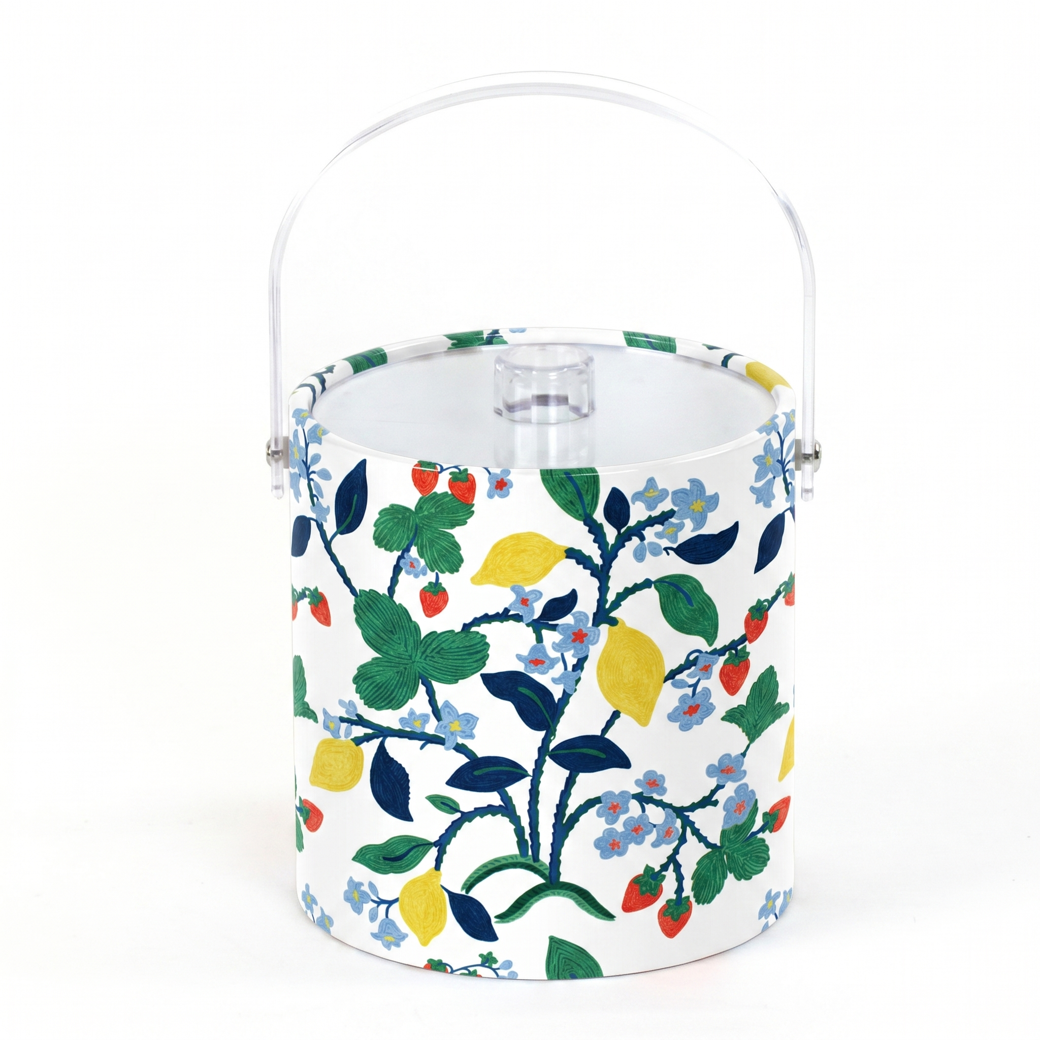 an acrylic ice bucket featuring a floral motif of lemons, strawberries and blue flowers on a white background, 
