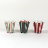 three striped cachepots in shades of pink, red and green from madcap cottage