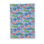 Sunken gardens flamingo cotton tea towel featuring pink flamingos, green lily pads, and colorful water flowers.  