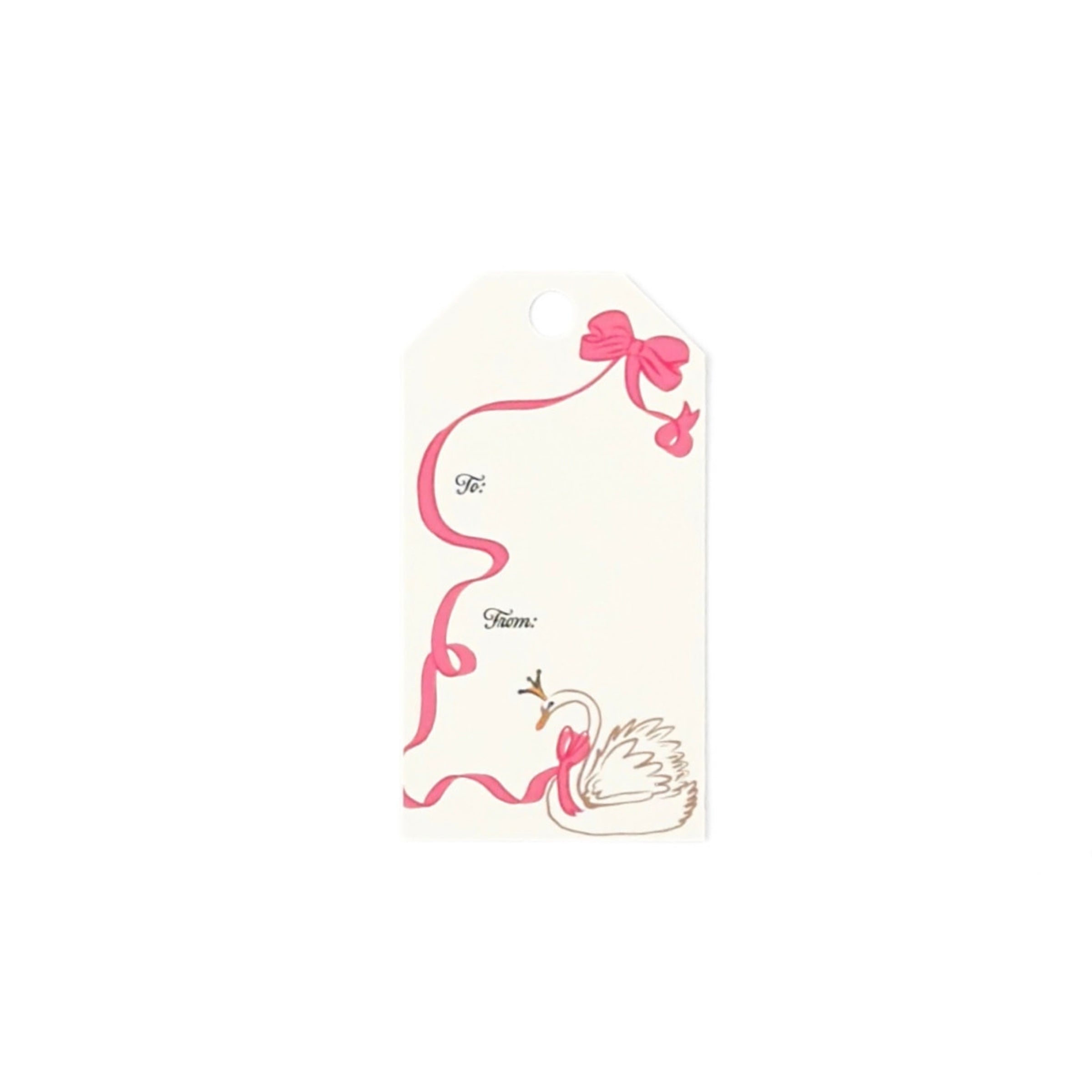 Swan Christmas gift tag featuring an elegant white swan, flowing pink ribbon, delicate bow accents, and printed To and From fields for personalized holiday gifting.