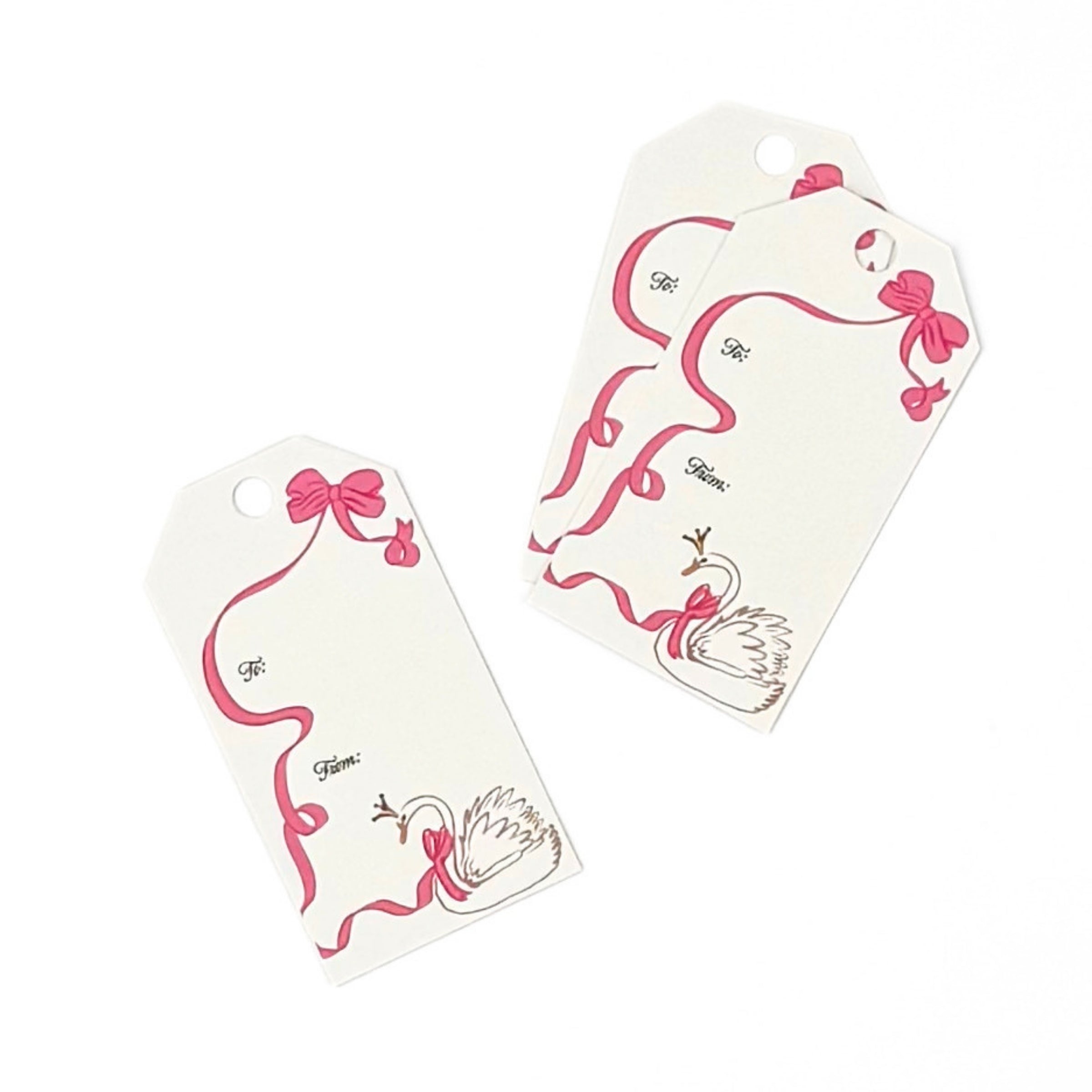 Swan Christmas gift tag featuring an elegant white swan, flowing pink ribbon, delicate bow accents, and printed To and From fields for personalized holiday gifting.