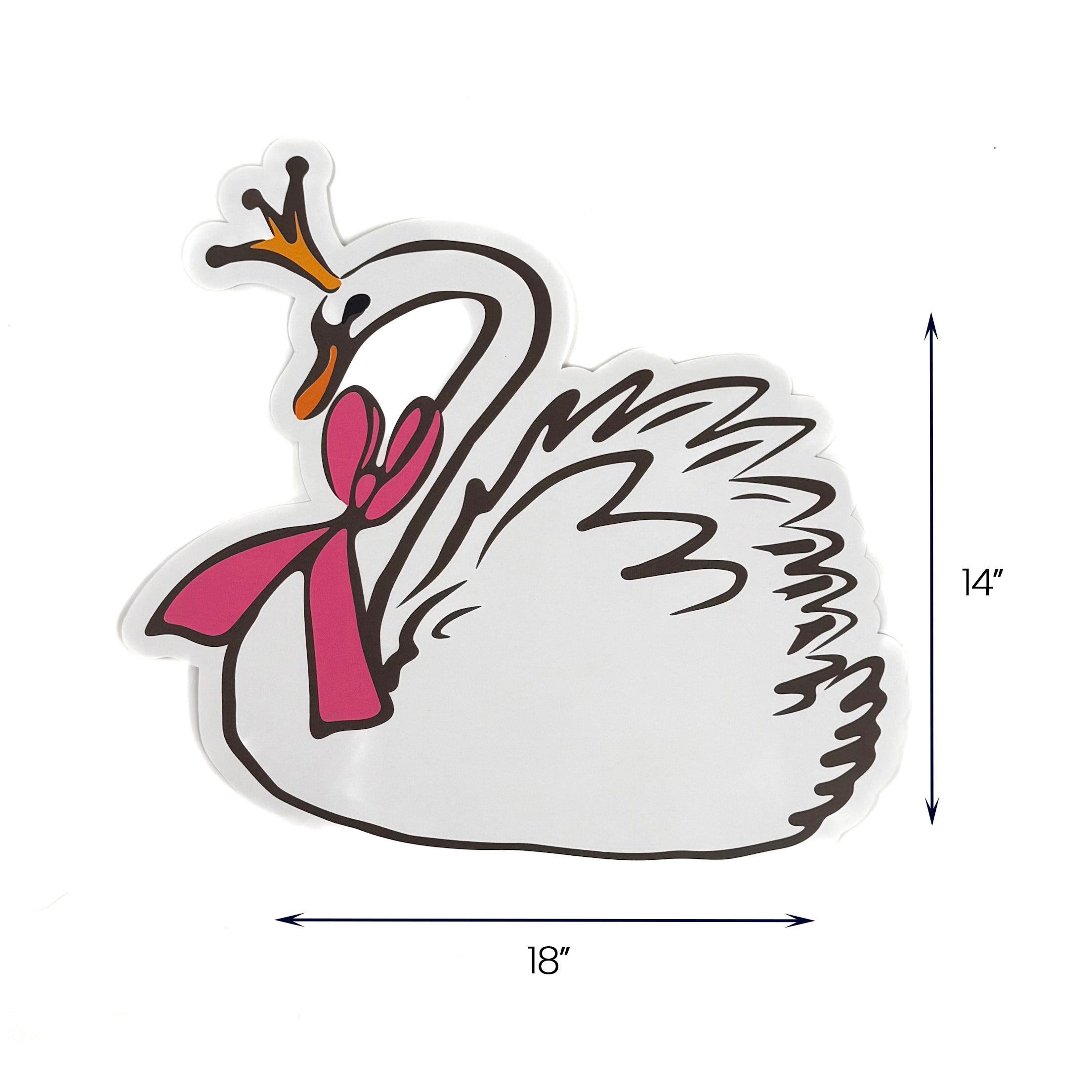 white swan placemat with gold crown and pink bow, 18" x 14", shown on a white background.