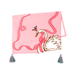 pink christmas tea towel featuring a large swan and pink ribbon design and blue and pink tassels