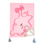 pink christmas tea towel featuring a large swan and pink ribbon design and blue and pink tassels