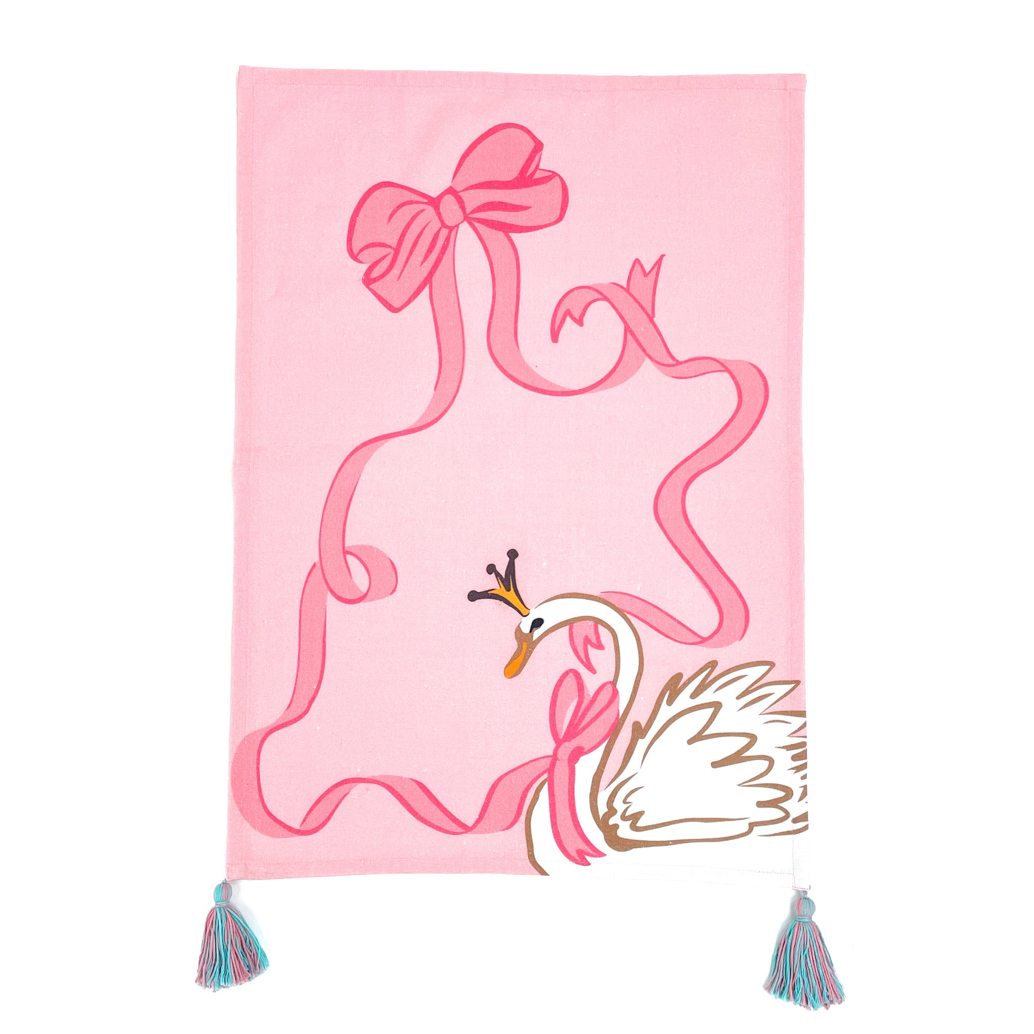 pink christmas tea towel featuring a large swan and pink ribbon design and blue and pink tassels