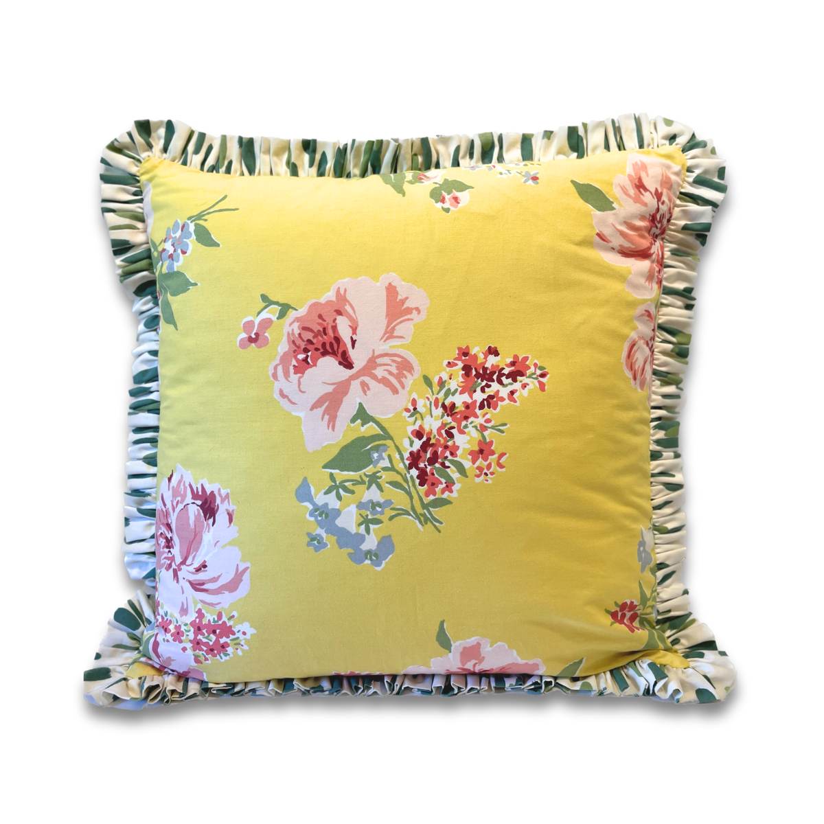 Swans Island daffodil yellow floral pillow with Club House ruffled contrast flange trim