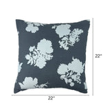 Navy blue floral outdoor pillow, weather-resistant, 22 inches by 22 inches.