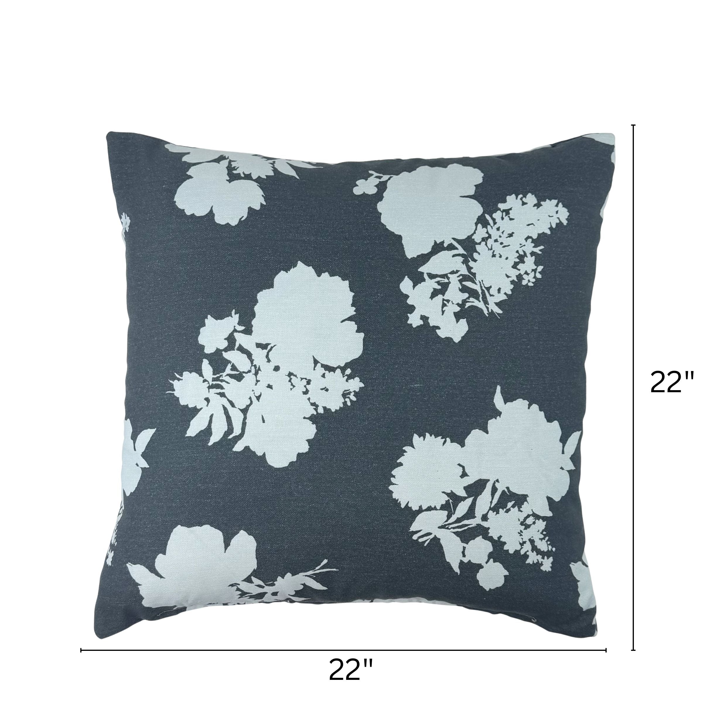 Navy blue floral outdoor pillow, weather-resistant, 22 inches by 22 inches.