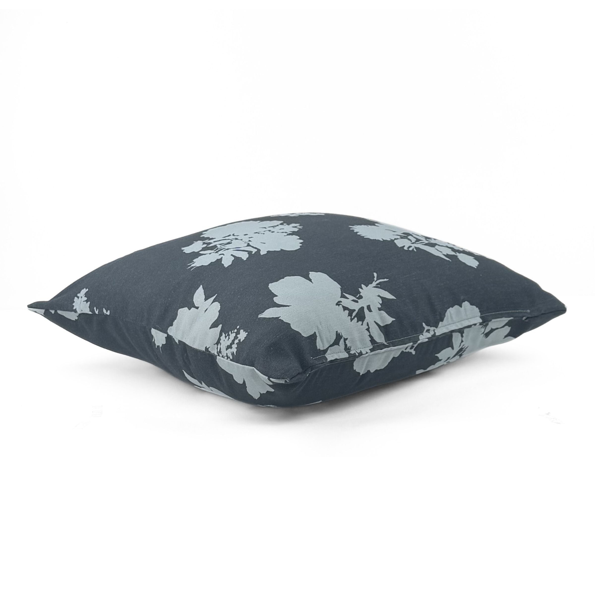 Side view of Swans Island Navy Blue White Floral outdoor pillow.