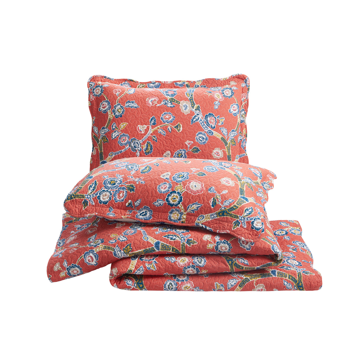 Temple Garden 3pc reversible bed set stacked on a white background