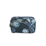 a medium Temple Garden toiletry bag in navy blue features light blue floral motif.
