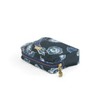 a medium Temple Garden cosmetic/toiletry bag in navy blue features light blue floral motif.