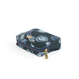a medium Temple Garden cosmetic/toiletry bag in navy blue features light blue floral motif.
