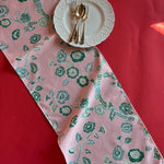 Temple Garden  Pink & green chinoiserie cloth Table Runner on a red background