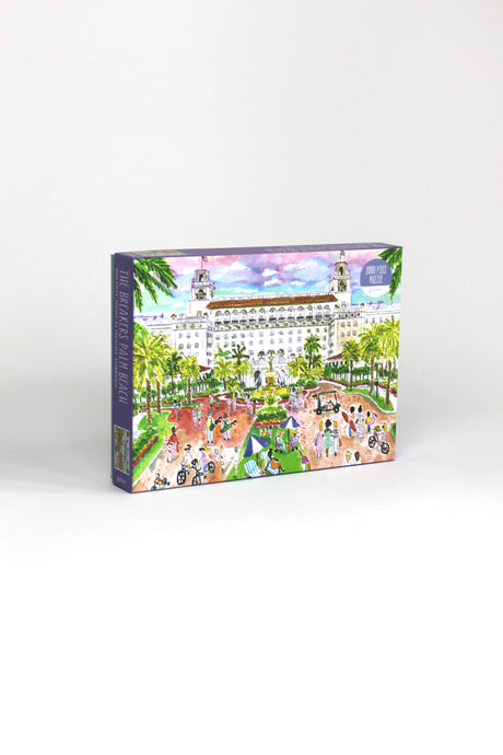 a 1000 piece jigsaw puzzle featuring an illustration of the breakers building in palm beach florida. 