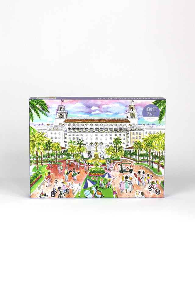 a 1000 piece jigsaw puzzle featuring an illustration of the breakers building in palm beach florida. 