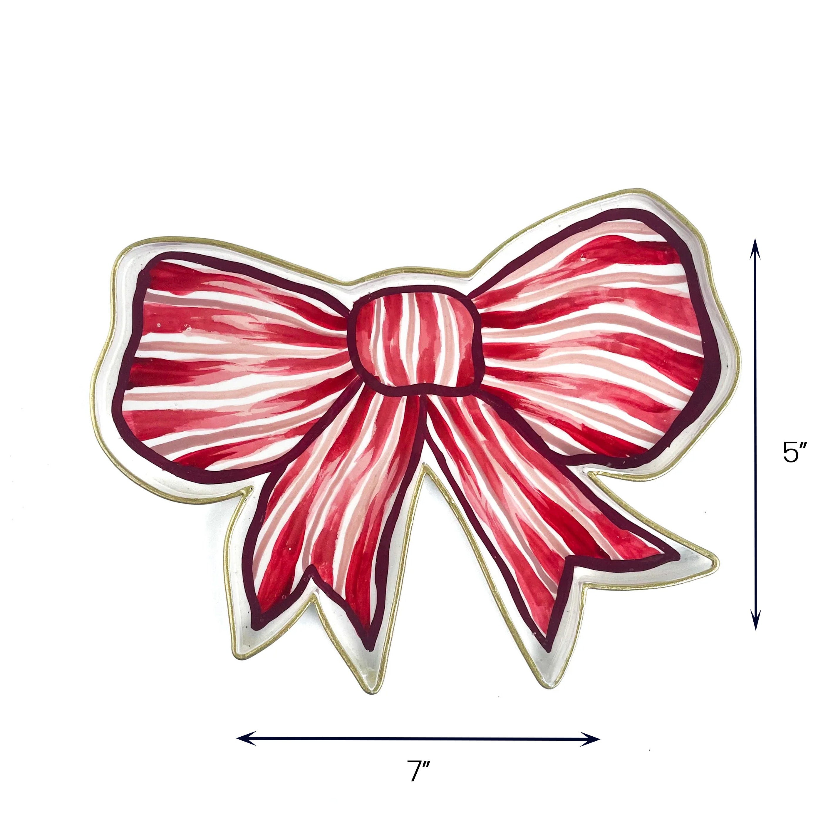 Red and pink striped tole metal bow tray, 7"  x 5" 