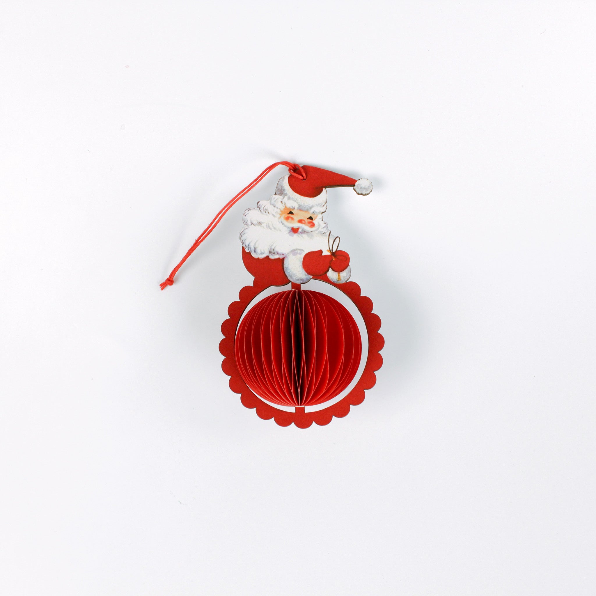 folding paper Santa Christmas ornaments in vibrant red with honeycomb-style bases