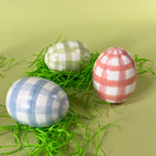 three gingham decorative easter eggs from tole metal in pink, blue and green 