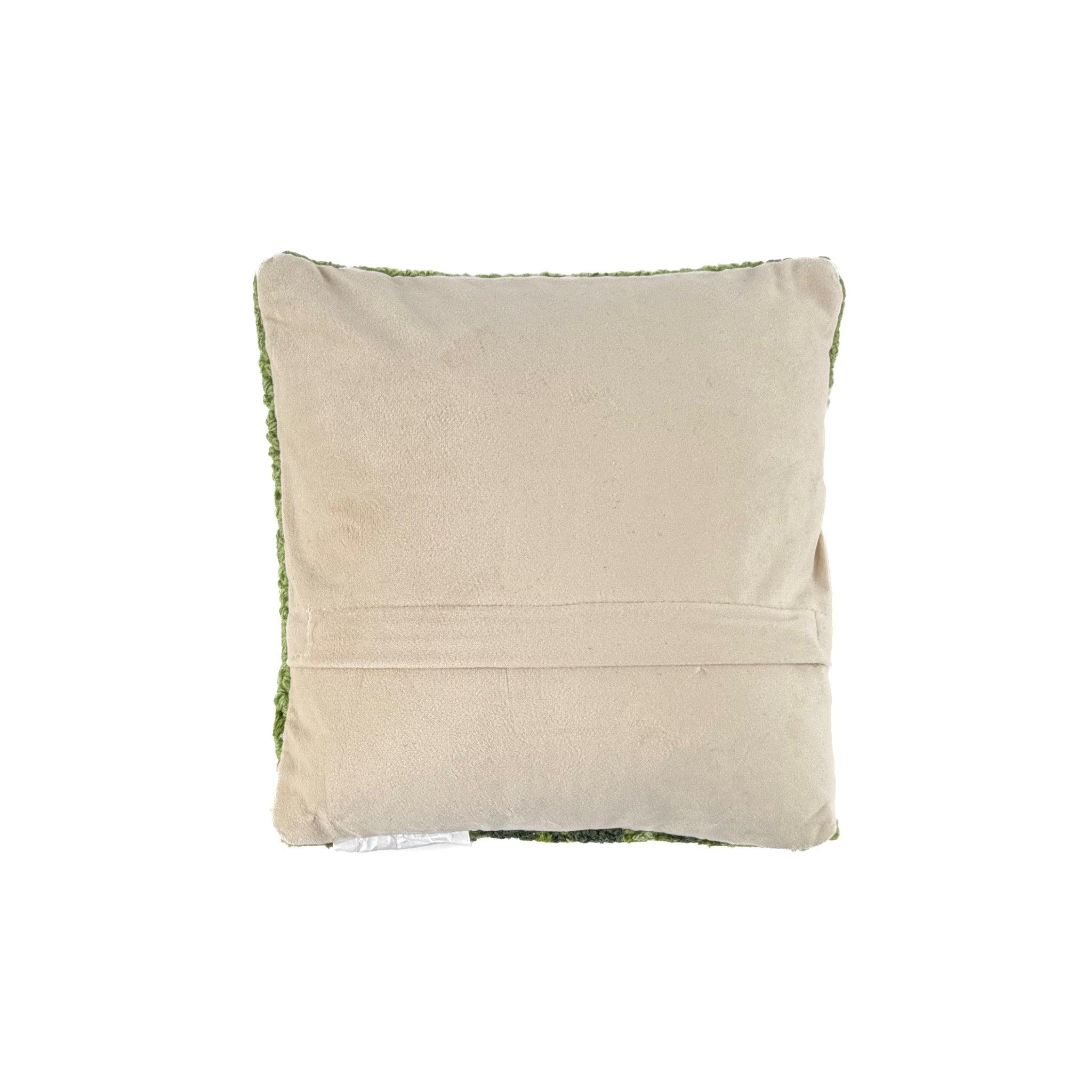 back of hooked pillow with red tulip floral design on green background