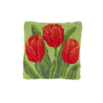 Front hooked pillow with red tulip floral design on green background