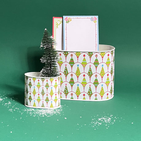 duo of Twinkle Tree caddies in large and small on a green background with faux tree and notepads inside