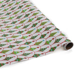 white and green christmas wrapping paper printed with decorated christmas tree motifs