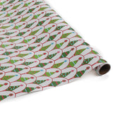 white and green christmas wrapping paper printed with decorated christmas tree motifs