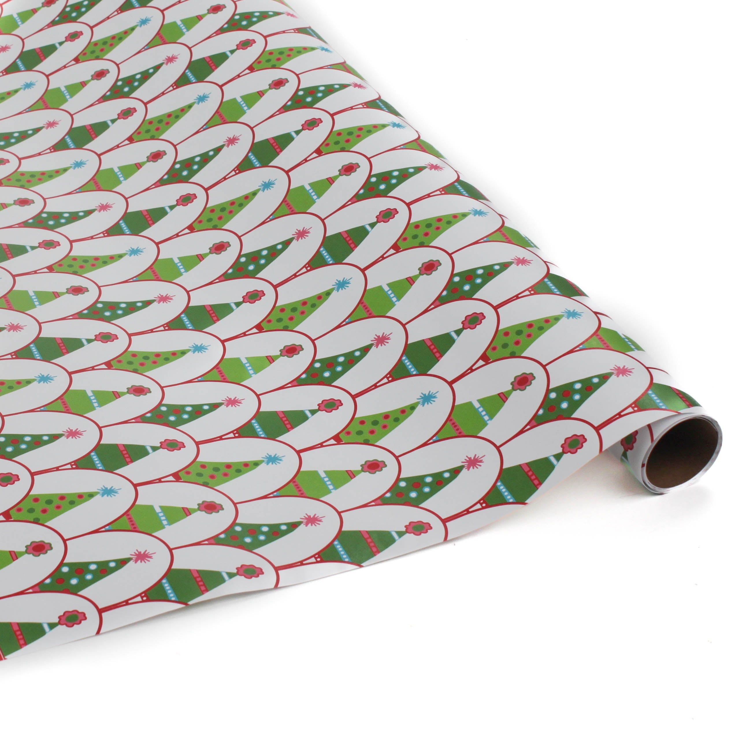 white and green christmas wrapping paper printed with decorated christmas tree motifs