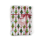 white and green cute christmas wrapping paper printed with decorated christmas tree motifs