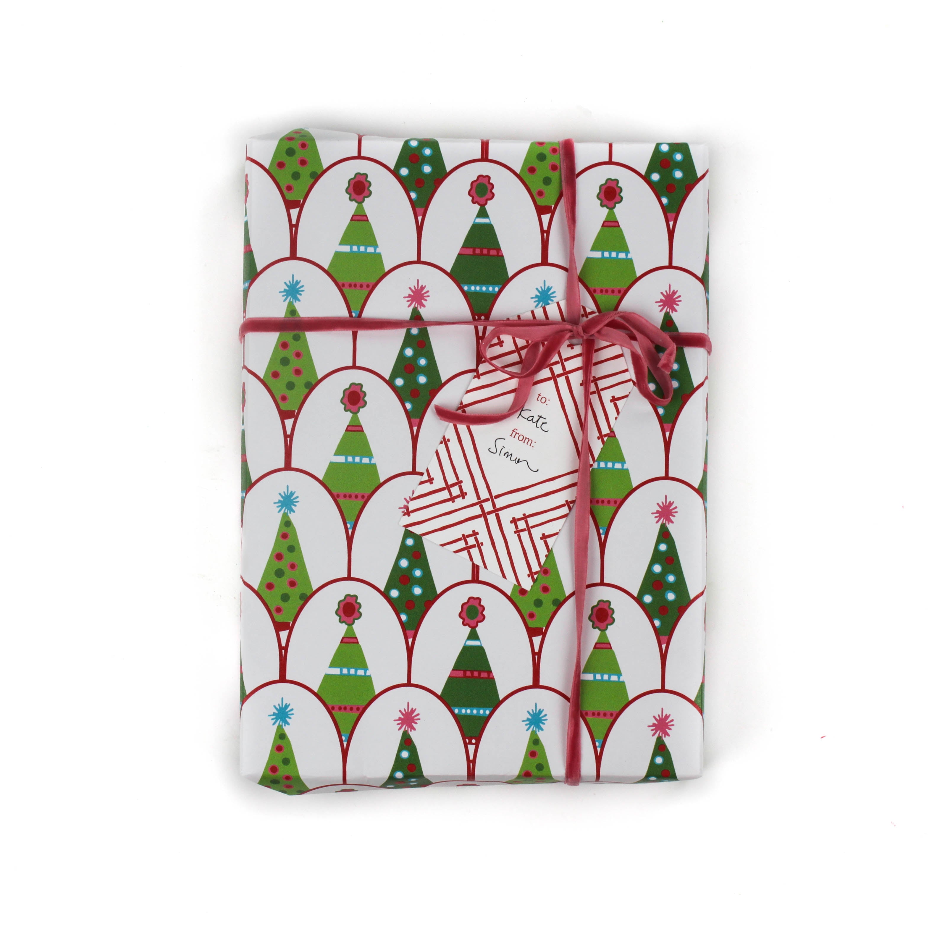 white and green cute christmas wrapping paper printed with decorated christmas tree motifs