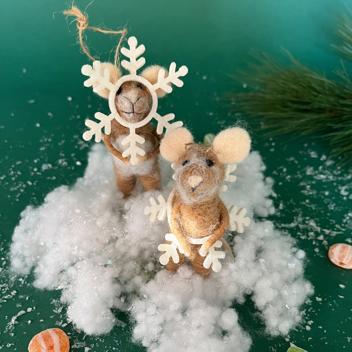 Two Snowflake felt mice ornaments