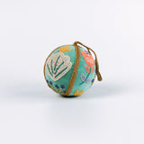 velvet Christmas ball ornaments in mint green, beautifully hand-embroidered with beaded floral designs and finished with gold braided trim and hanging loops