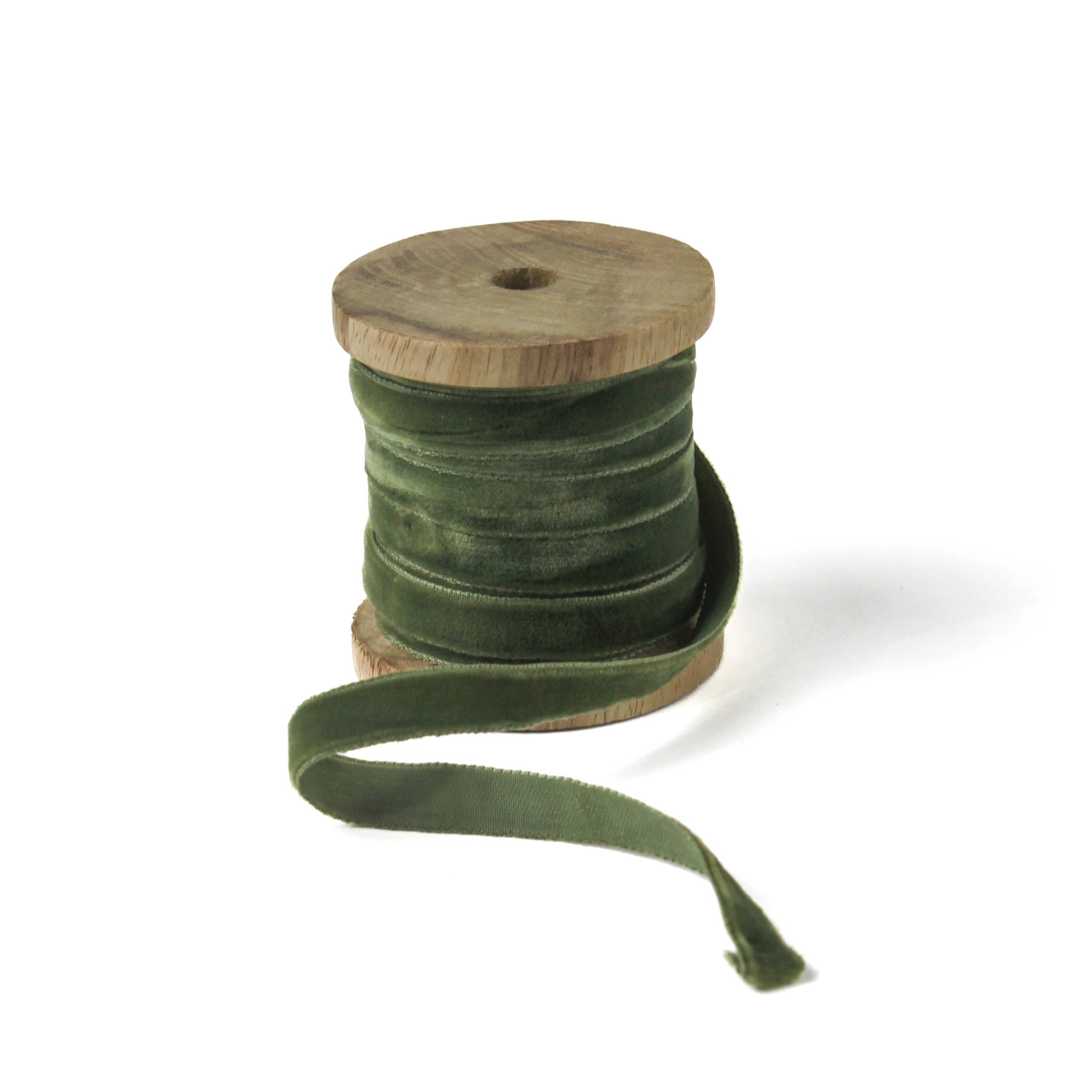 a teal Velvet Ribbon on Wood Spool in a white background
