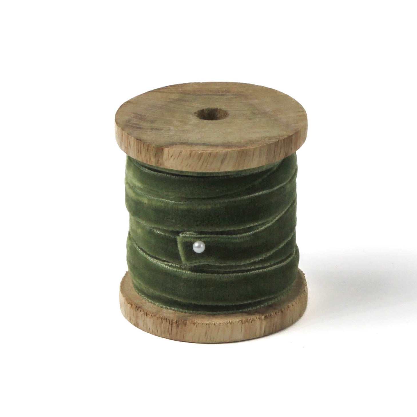a teal Velvet Ribbon on Wood Spool in a white background