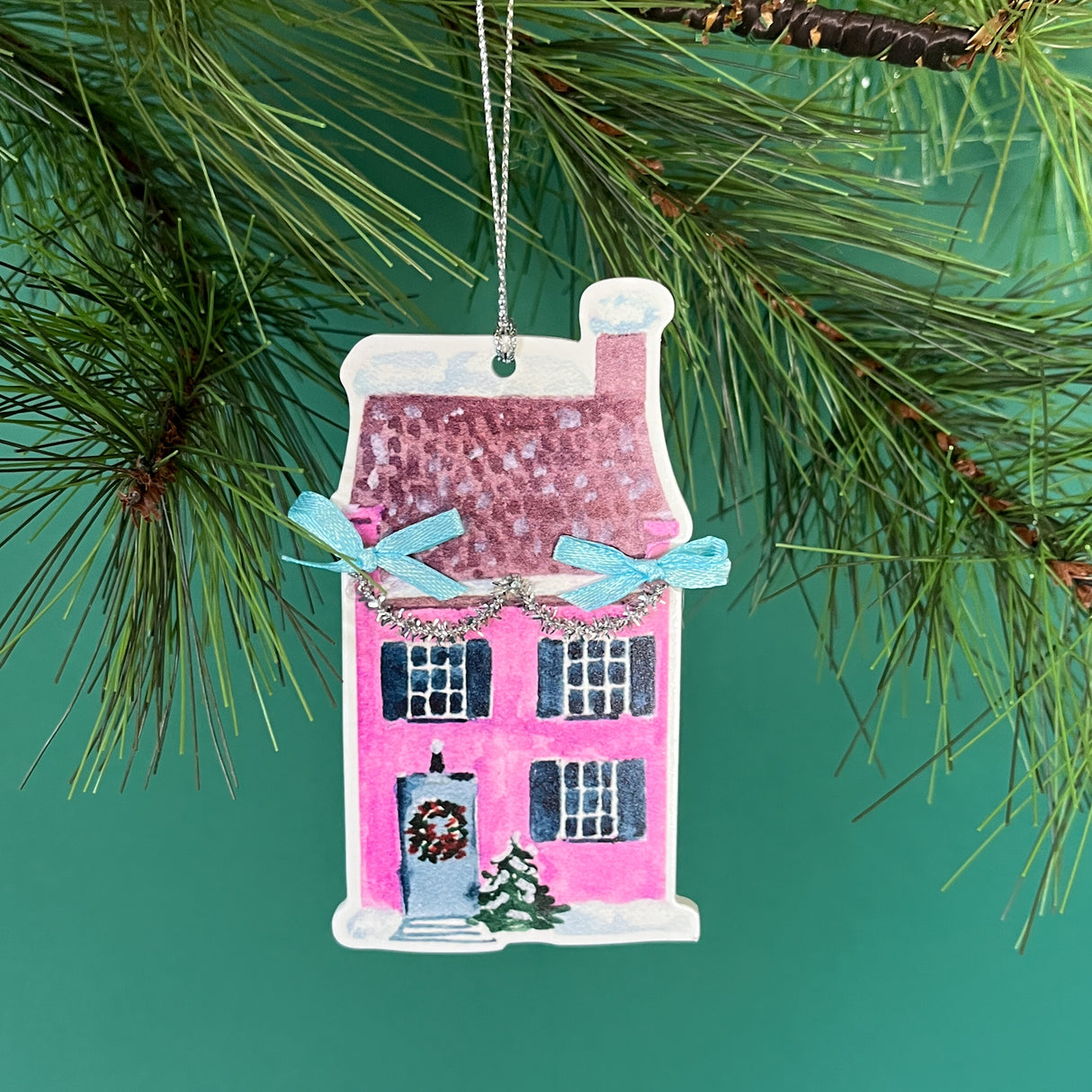 Victorian House Pink Christmas Ornaments with blue bows and silver glitter