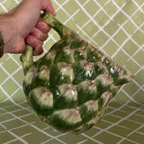 Vintage ceramic water pitcher with sculpted green artichoke design and handle
