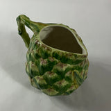 Vintage ceramic water pitcher with sculpted green artichoke design and handle