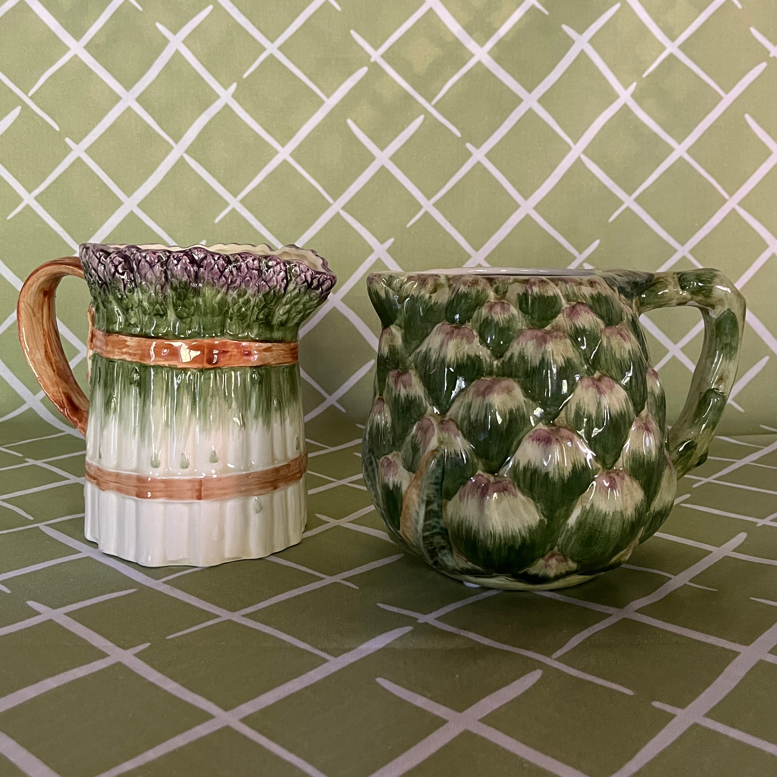 Vintage ceramic water pitcher with sculpted green artichoke design and handle