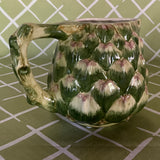 Vintage ceramic water pitcher with sculpted green artichoke design and handle