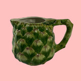 Vintage ceramic water pitcher with sculpted green artichoke design and handle