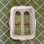 Vintage ceramic serving platter featuring raised green asparagus bundles with decorative detail